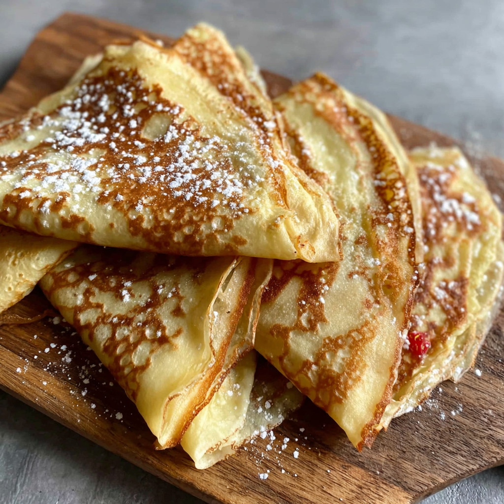 A stack of crepes with powdered sugar on a wooden cutting board.