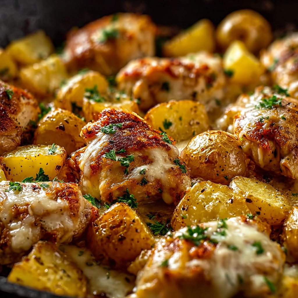 A dish of garlic Parmesan chicken and potatoes.