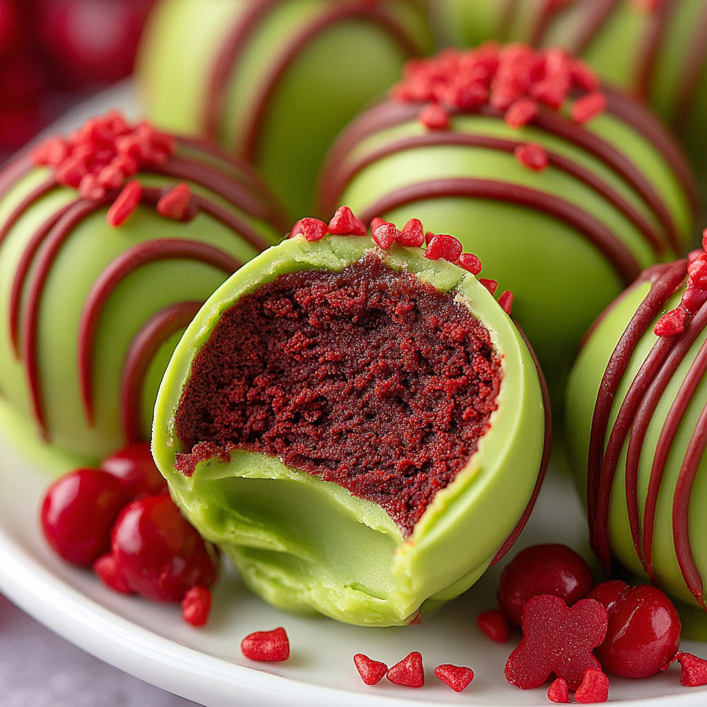 Grinch Oreo balls with red and green frosting.