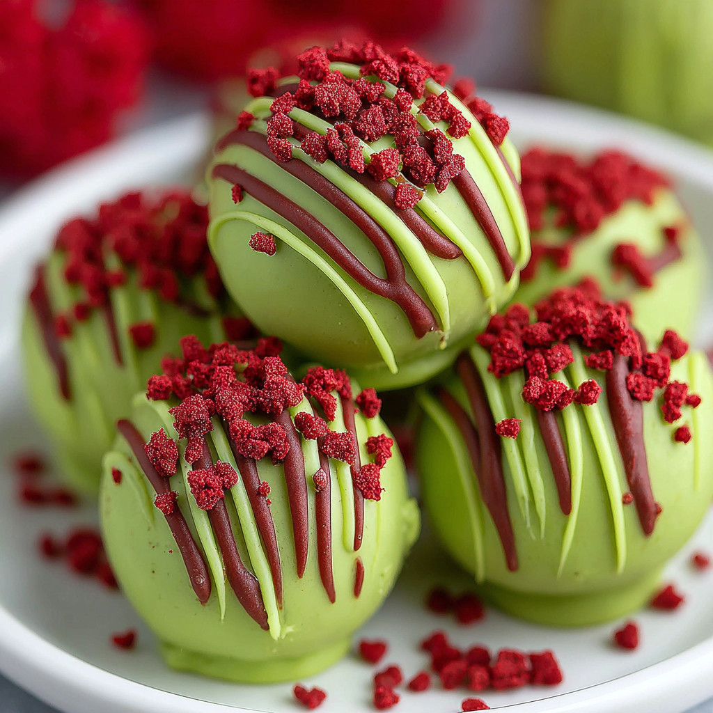 Grinch Oreo balls on a plate.