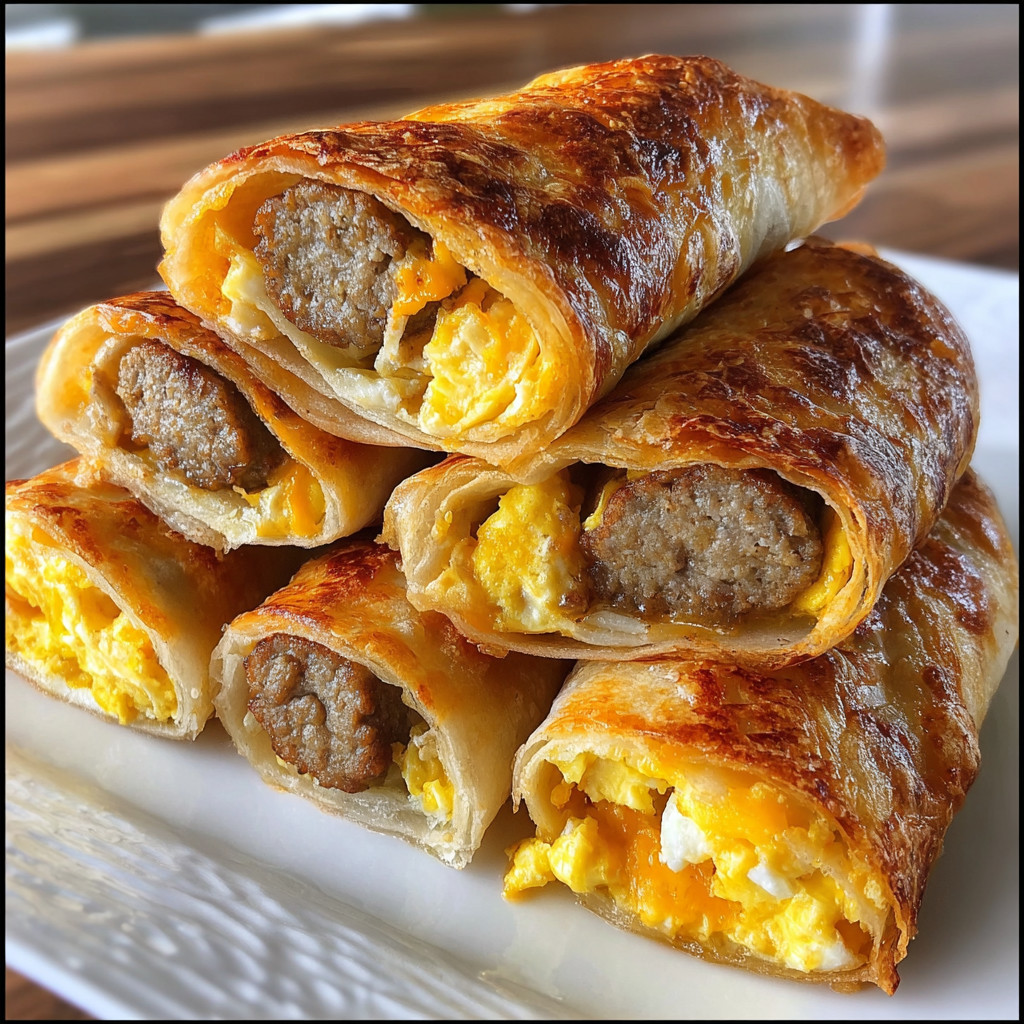 A stack of beef sausage and egg breakfast roll ups.