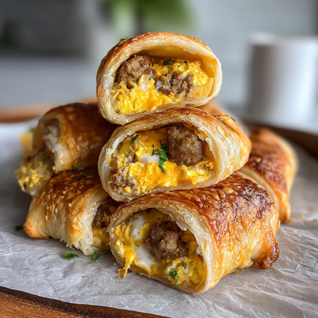 A stack of delicious beef sausage egg breakfast roll ups.