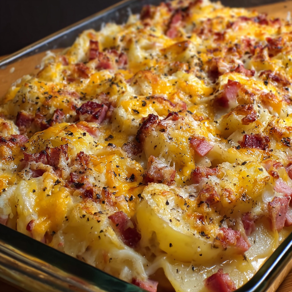 A cheesy ham potato casserole.