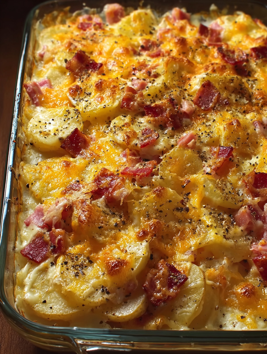 A cheesy ham potato casserole.