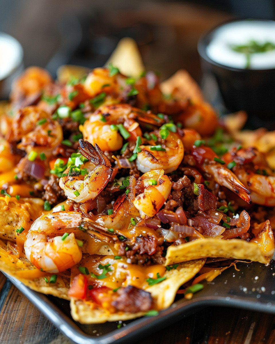 A plate of shrimp and beef nacho fries.