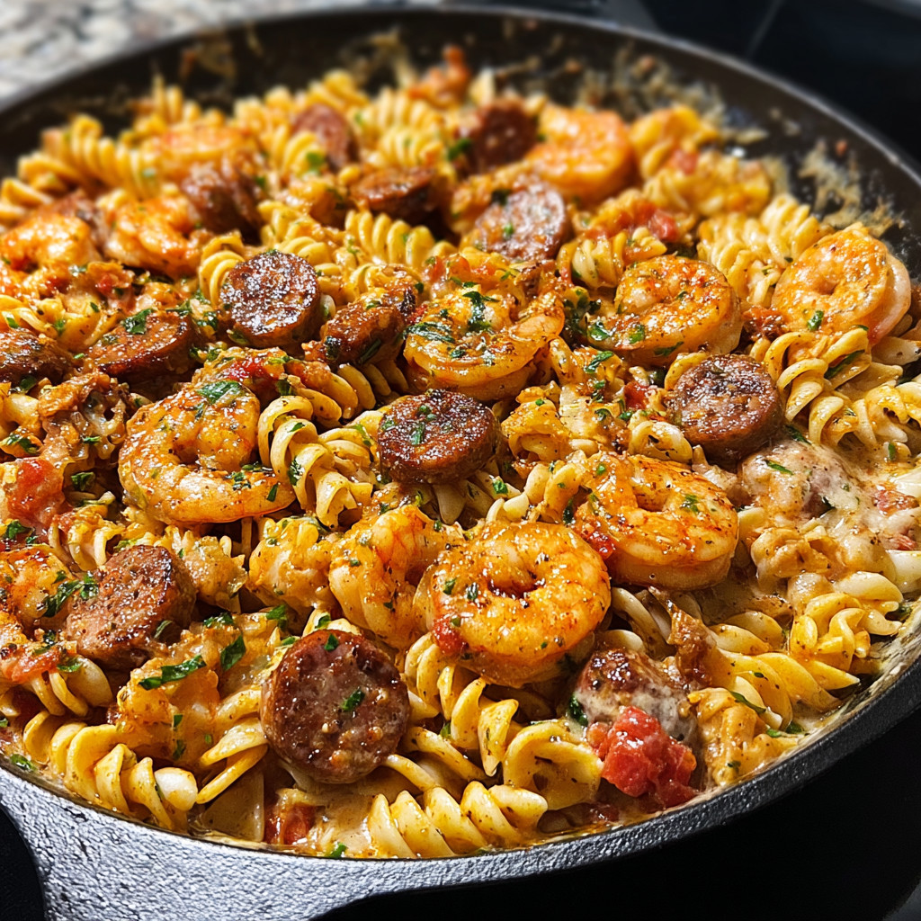 A skillet filled with Cajun Ranch Shrimp and Sausage Pasta.