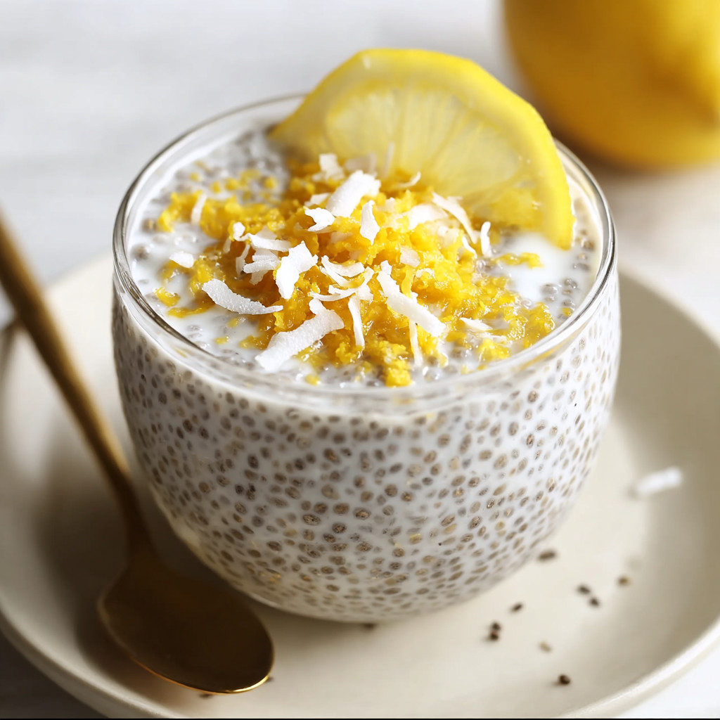 A glass of lemon coconut chia seed pudding.