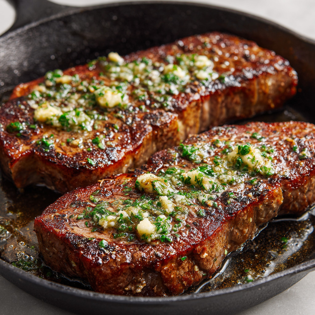 A delicious pan seared steak with garlic butter recipe.