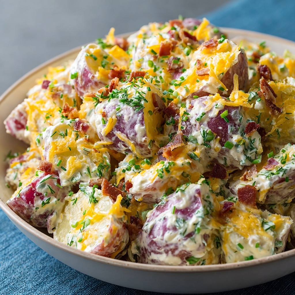 A bowl of potato salad with bacon bits.