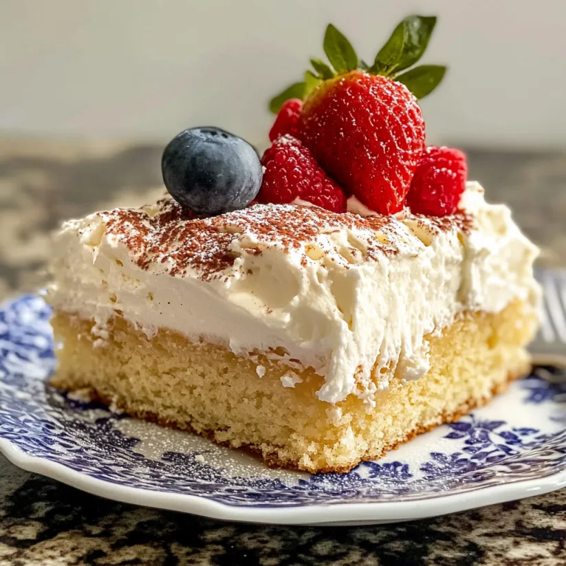 A slice of tres leches cake with strawberries and blueberries on top.