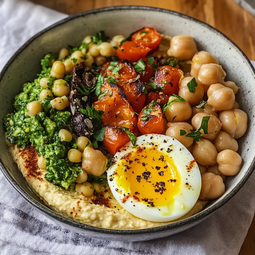 A bowl of Mediterranean hummus with a fried egg on top.