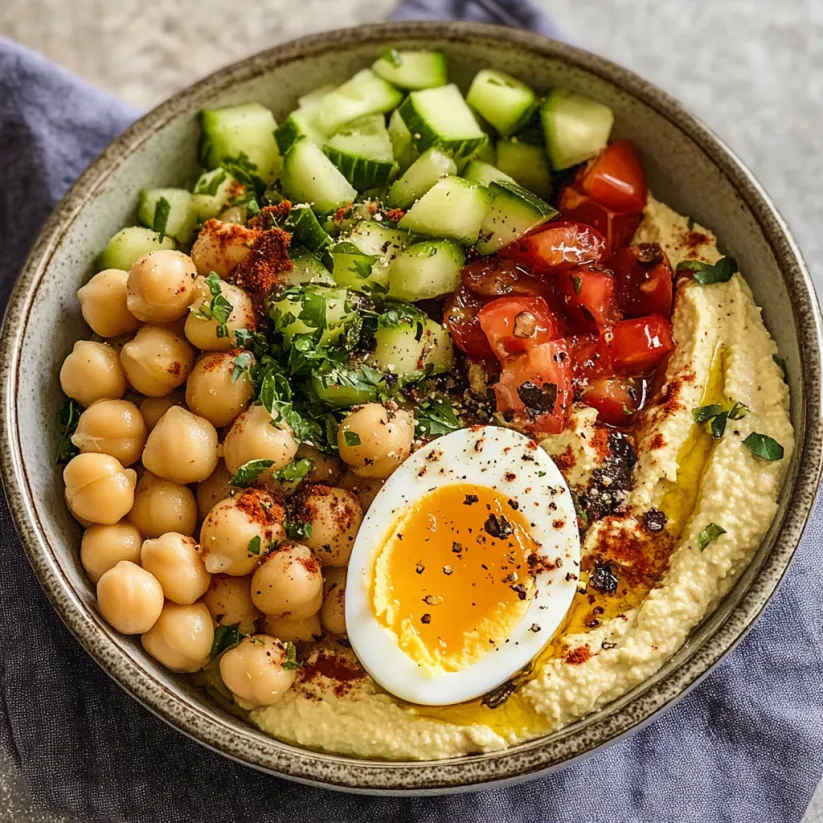 A bowl of Mediterranean hummus with various vegetables.