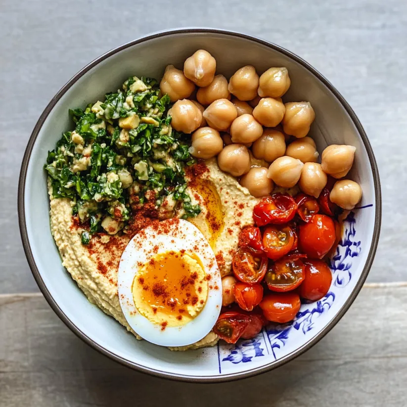 A bowl of Mediterranean hummus with tomatoes, beans, and an egg.