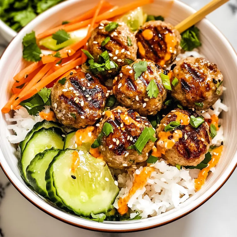 A bowl of meatballs with rice and vegetables.