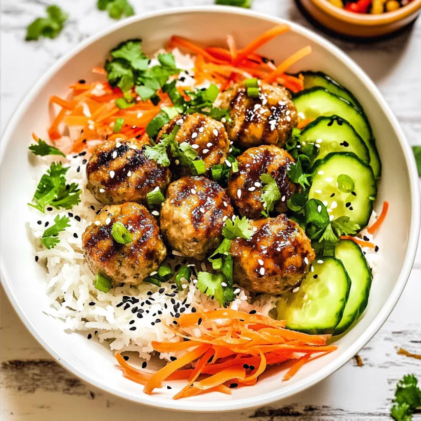 A bowl of meatballs, rice, and vegetables.