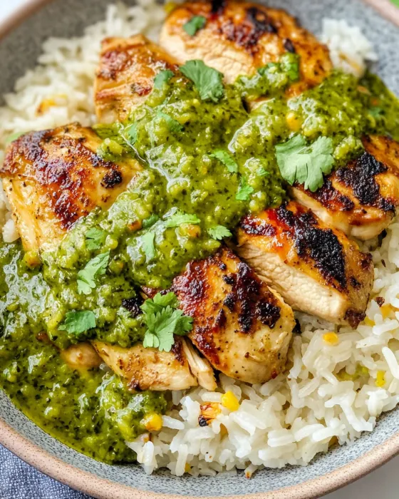 A plate of rice with chicken and green sauce.