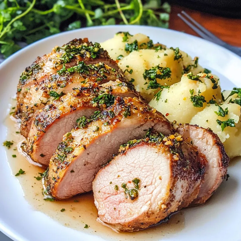 A plate of food with a pork tenderloin and potatoes.