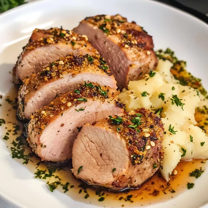 A plate of food with a herb crusted pork tenderloin.