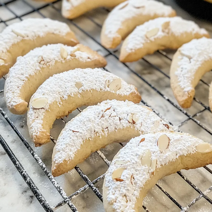 Almond Crescent Cookies on a cooling rack.