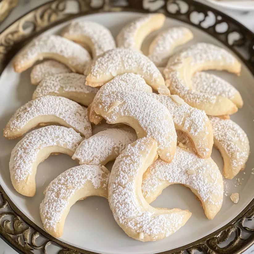 A plate of almond crescent cookies.