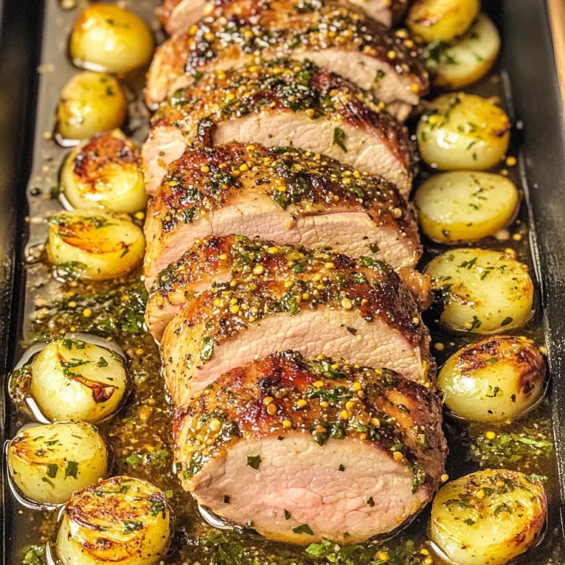 A honey mustard pork tenderloin with potatoes and green onions.
