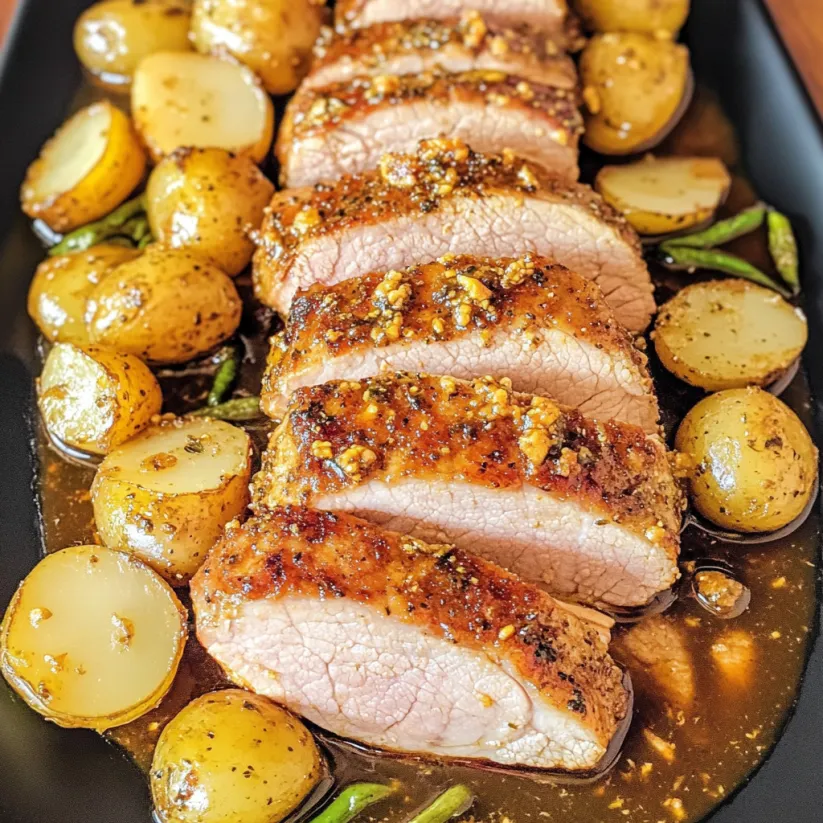 A honey mustard pork tenderloin with potatoes and green beans.