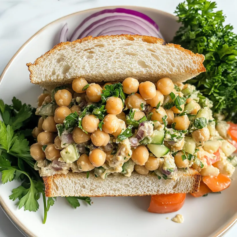 A sandwich with chickpeas and vegetables on a white plate.