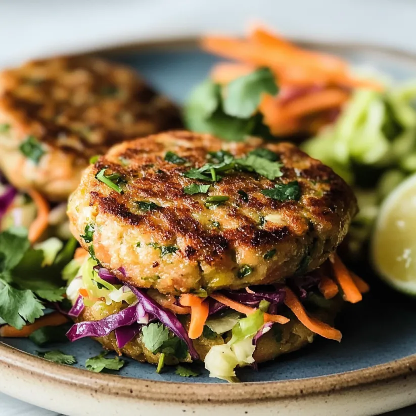 Two Thai Tuna Patties with Cilantro Cabbage Slaw.