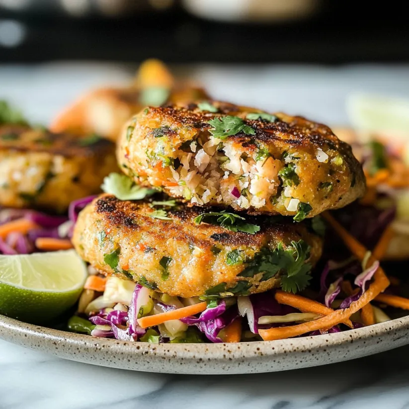 A plate of Thai Tuna Patties with Cilantro Cabbage Slaw.