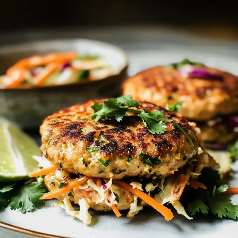 Two Thai Tuna Patties with Cilantro Cabbage Slaw.