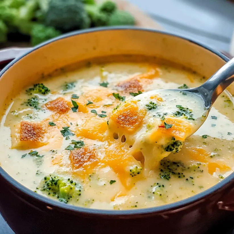 A bowl of soup with broccoli and cheese.
