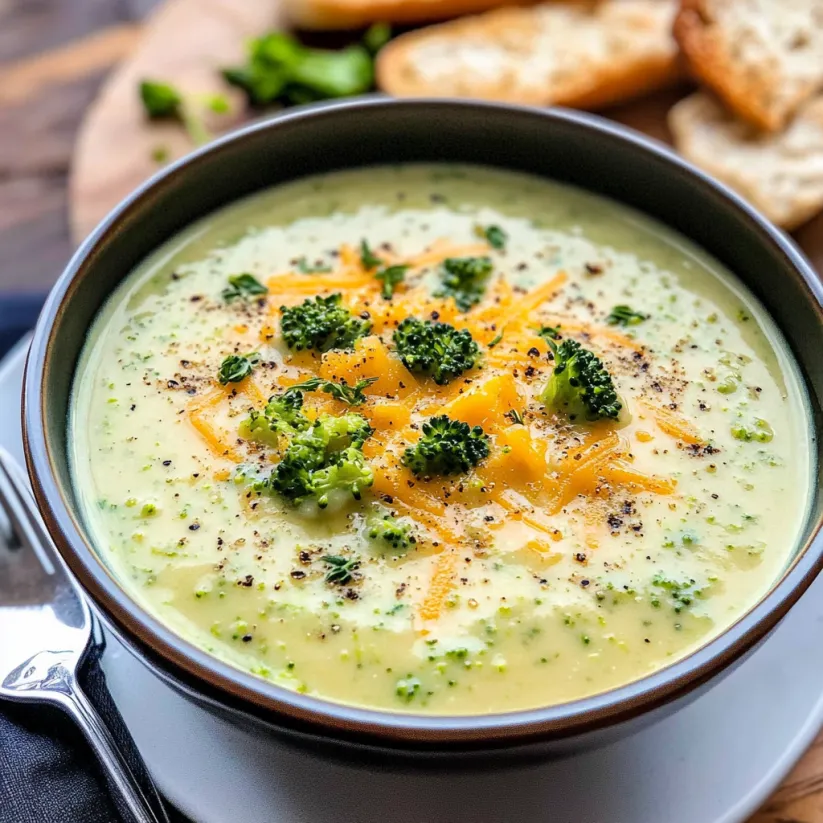 A bowl of broccoli cheddar soup.
