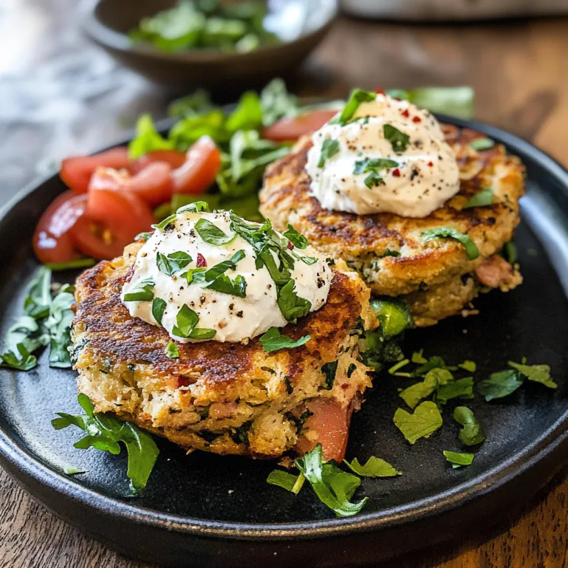 Two tuna cakes with white sauce on top.