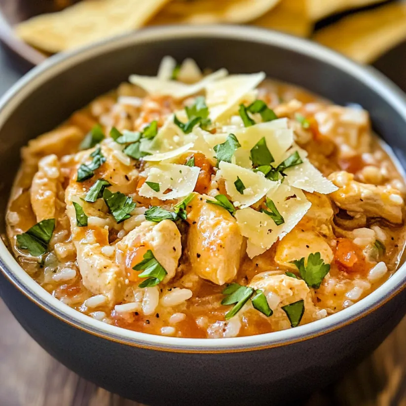A bowl of chicken soup with cheese on top.