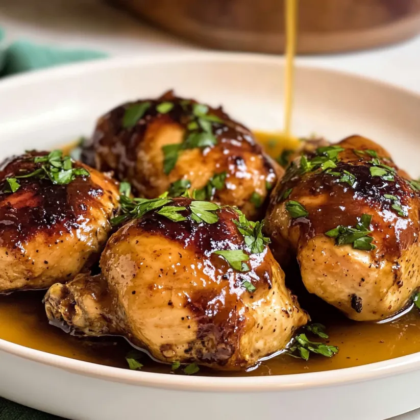 A plate of chicken with honey mustard drizzled over it.