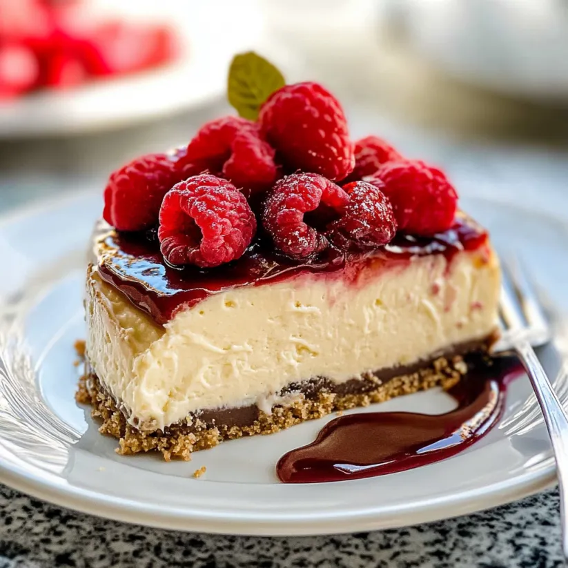 A slice of cheesecake with raspberries on top.