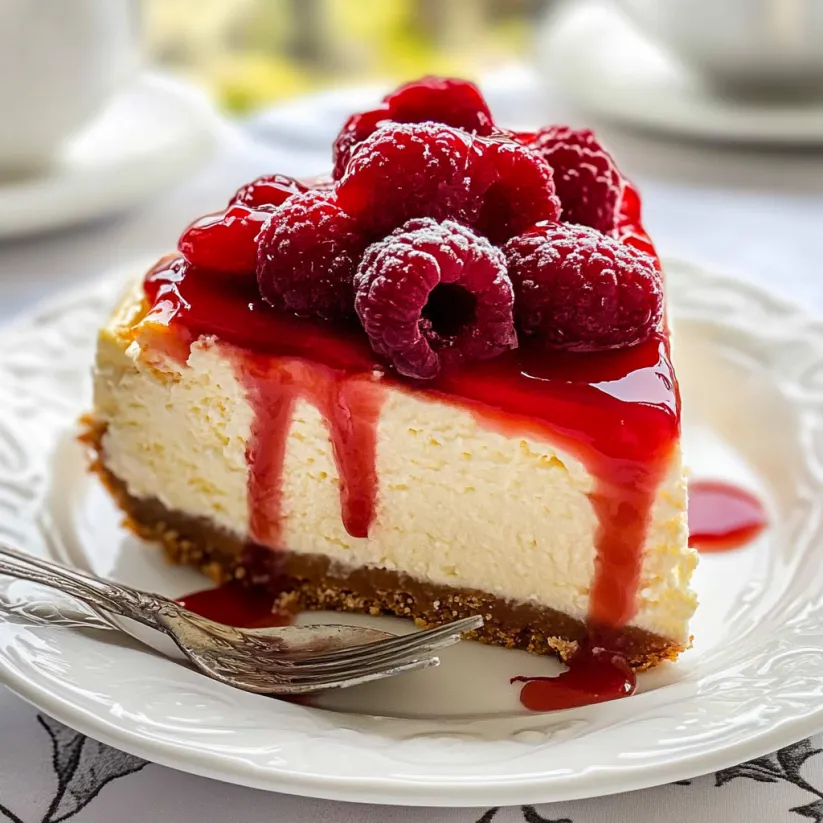 A slice of cheesecake with raspberries on top.