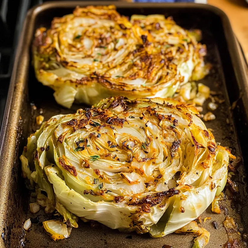 Two pieces of cabbage steak on a baking sheet.