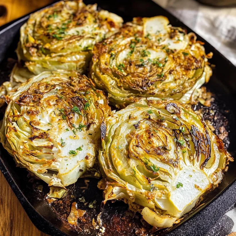 A pan of cabbage steaks.