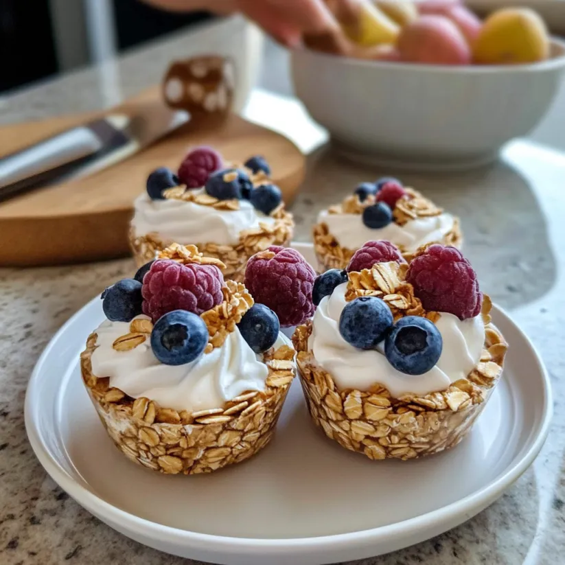 Two no-bake oat yogurt cups with blueberries and granola.