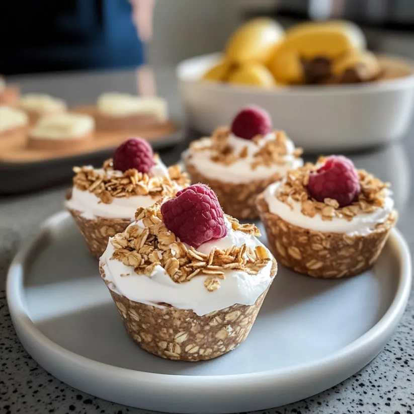 Three no-bake oat yogurt cups with raspberries on top.