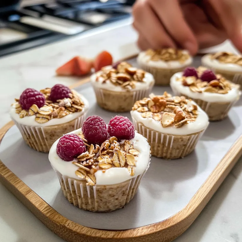 A plate of no-bake oat yogurt cups with raspberries on top.