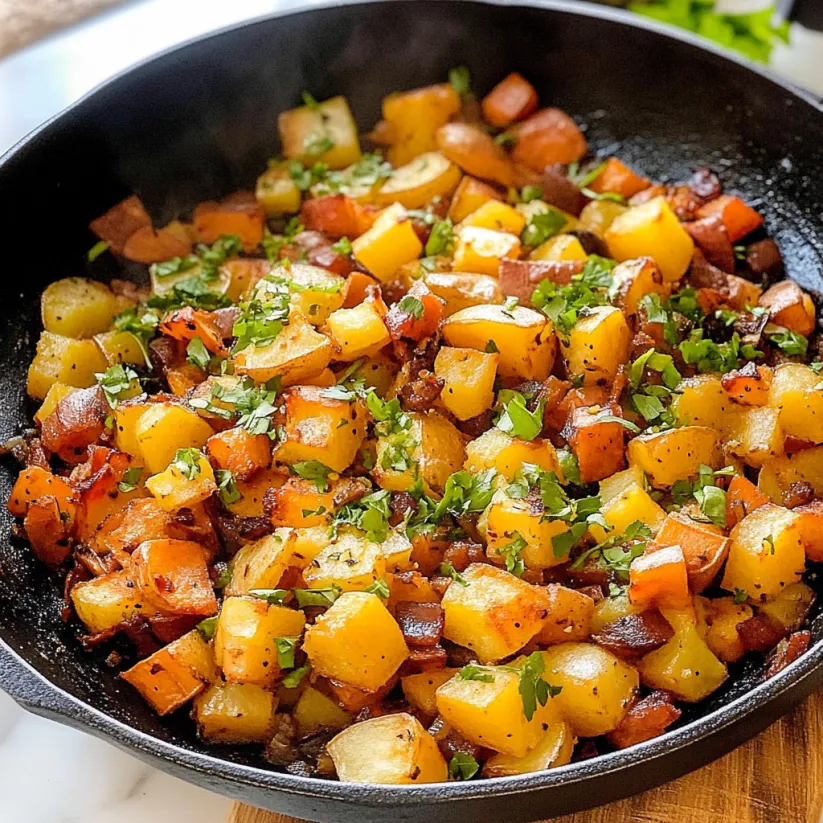 A black skillet filled with sweet potato hash.