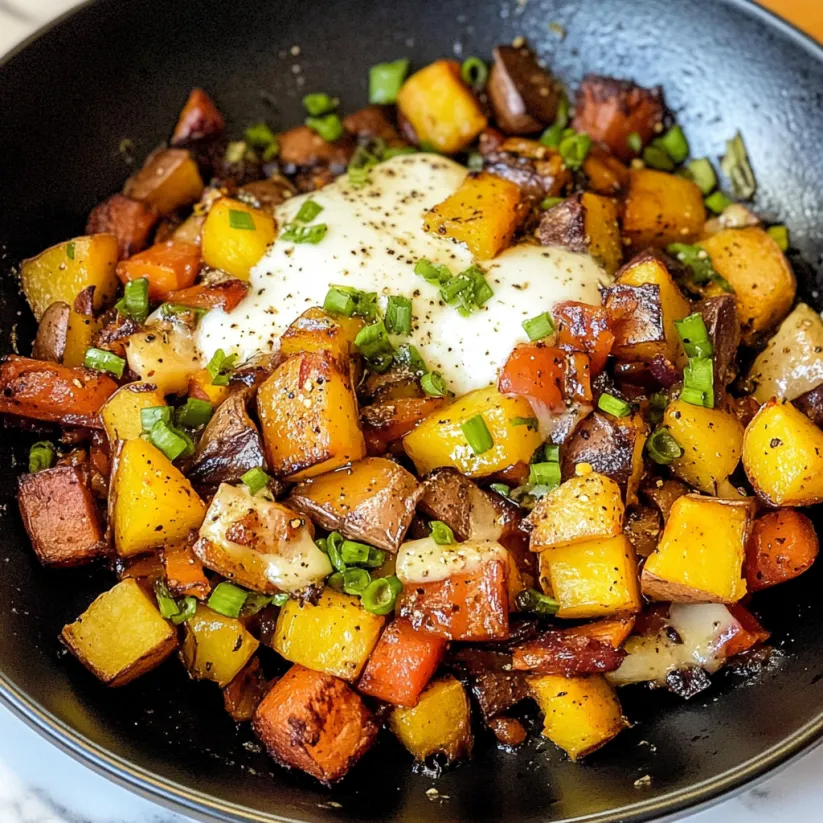 A bowl of sweet potato hash with a fried egg on top.