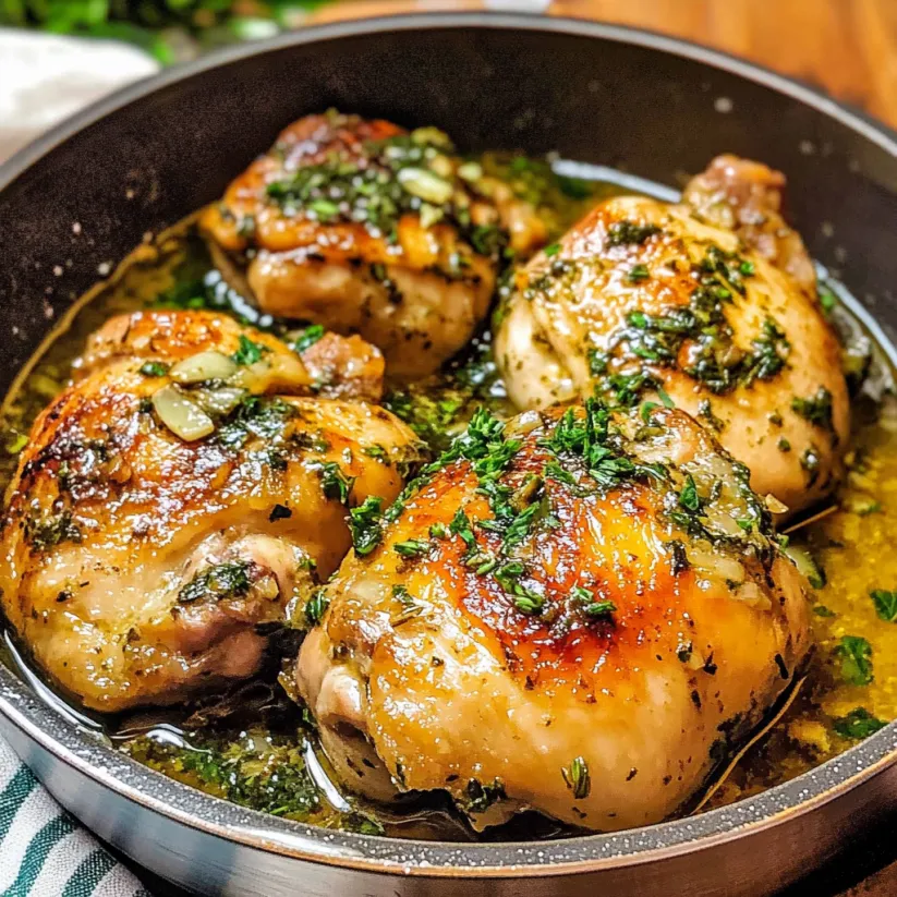A pan of chicken with garlic herb sauce.