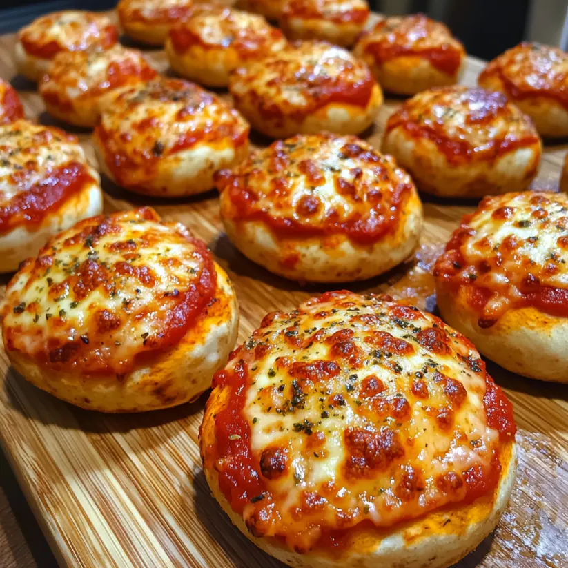 A wooden tray with a variety of pizza bombs.