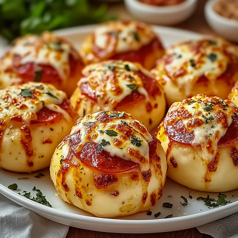 A plate of pizza bombs with cheese and pepperoni.