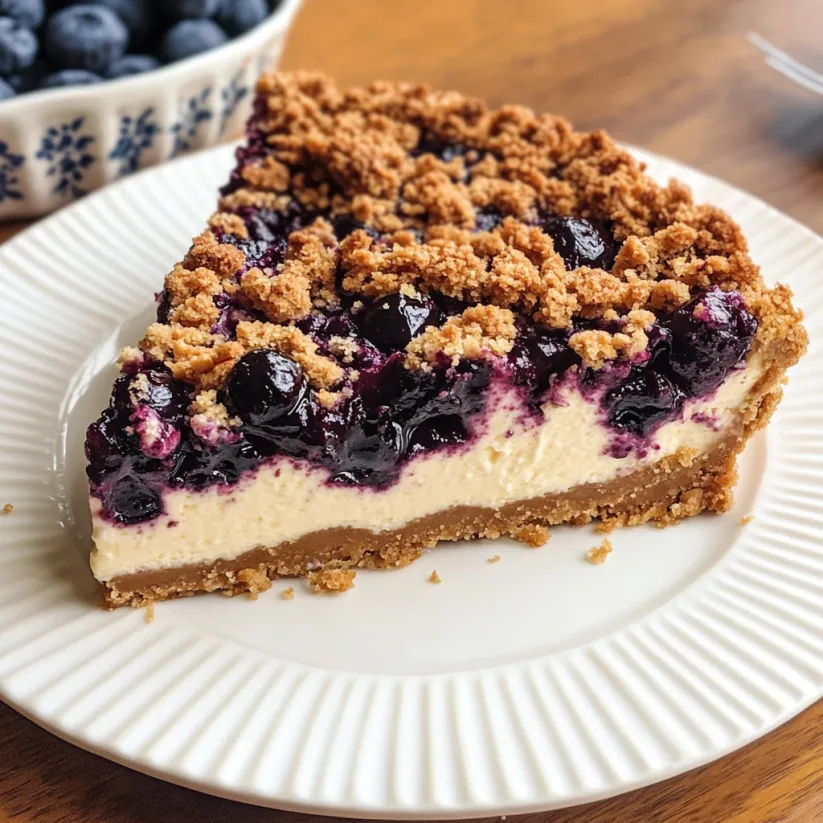 A slice of blueberry crumble cheesecake.
