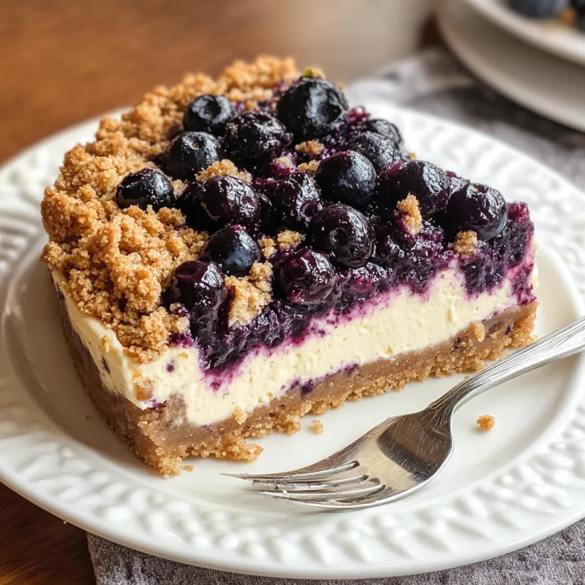A slice of blueberry crumble cheesecake on a plate.