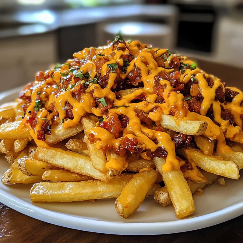 A plate of fries with cheese and bacon.